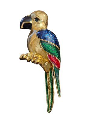 Vintage Parrot Brooch Gold Tone Enamel Bird Pin Colorful Statement Jewelry